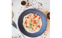 RISOTTO CACIO E PEPE CON BISQUE E TARTARE DI GAMBERI ROSSI